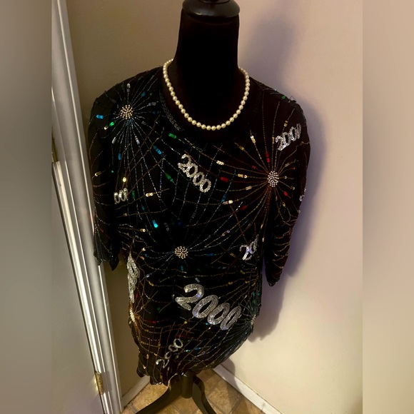Vintage Lawrence Kazar Y2K New Year’s  Sequin Beaded Silk Top Size 2X - Picture 1 of 6